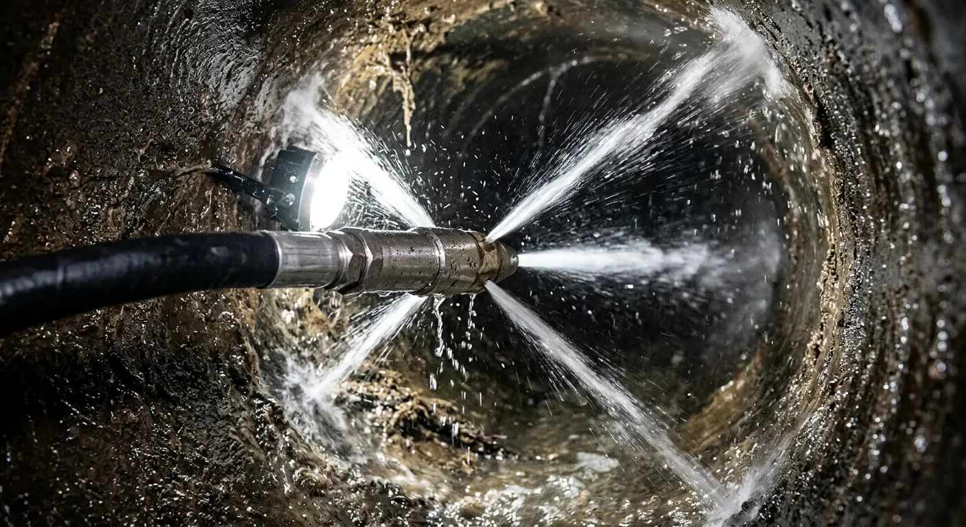 High-pressure hydro jetting nozzle cleaning sewer pipe for Emergency Drain Service in Orland Hills