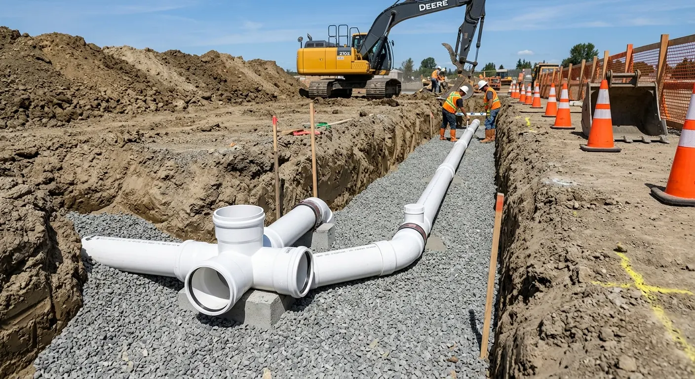 New PVC sewer pipe installation in open trench for Commercial Drain Cleaning in Orland Hills