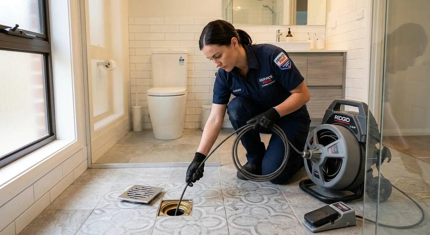 Technician clearing a bathroom floor drain for Drain Repair in Orland Hills